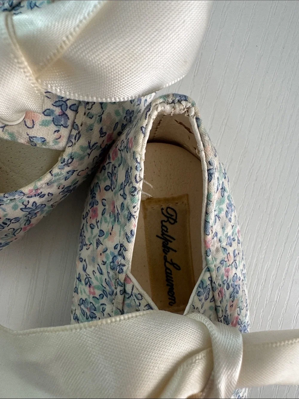 Ralph Lauren Floral Ribbon Baby Mary Janes in Cream and Pastel Blue/Pink